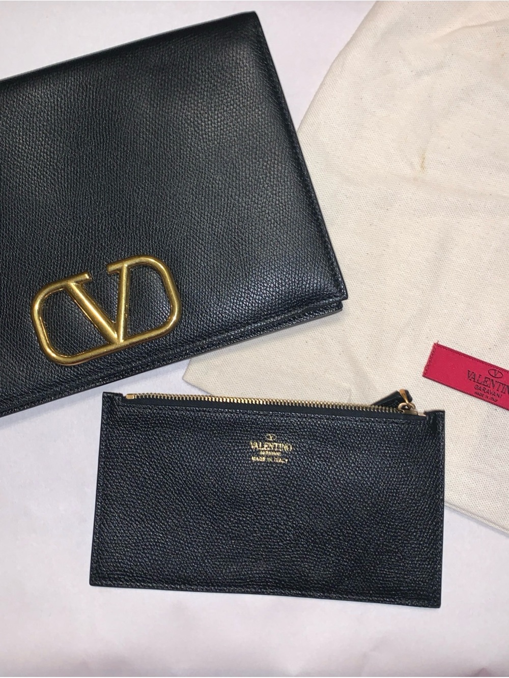 Valentino Black Textured Leather Clutch with Gold V Logo and Zip Pouch